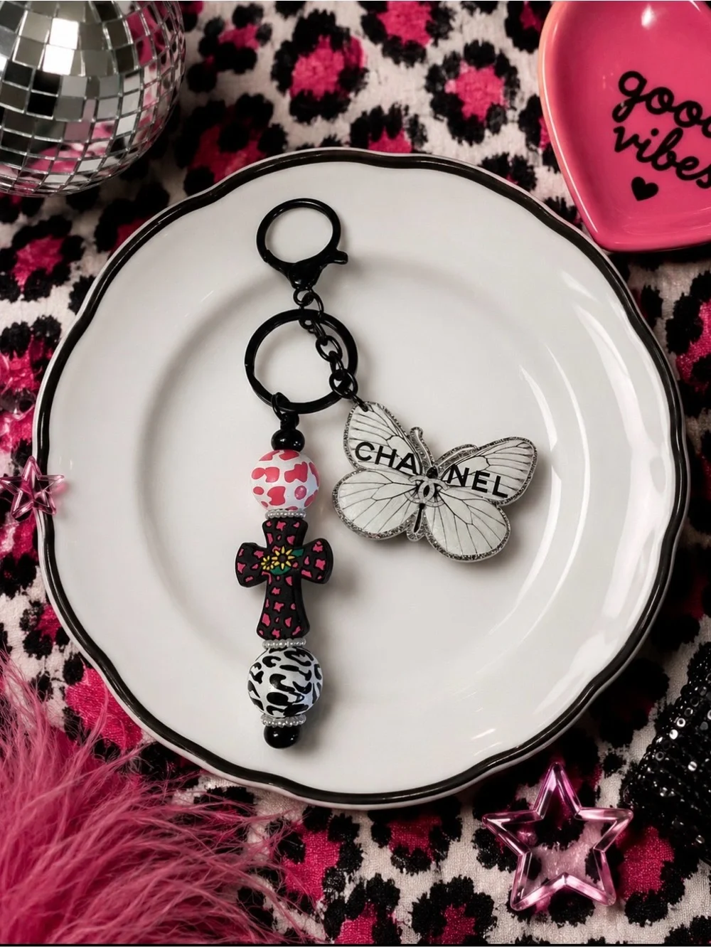 Hand Crafted Inspired Black, White & Pink Butterfly and Cross Keychain